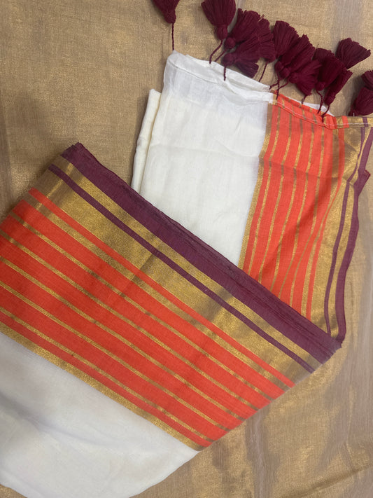 Mull cotton saree with Kanchi border(white base orange maroon border)