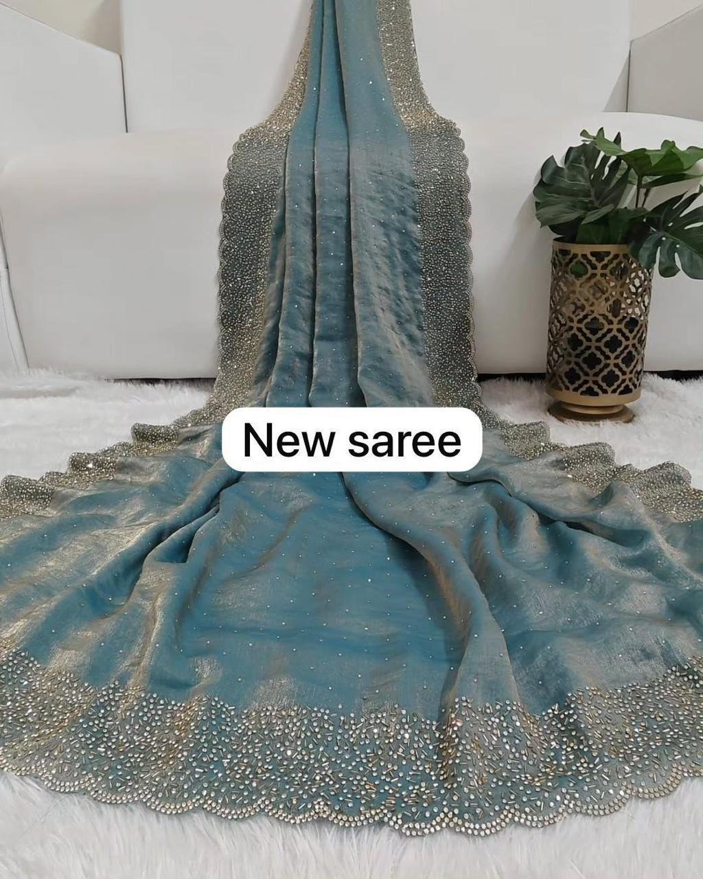 Bling Border Ice Blue Party Wear Stonework Saree Elevate Your Celebration Look
