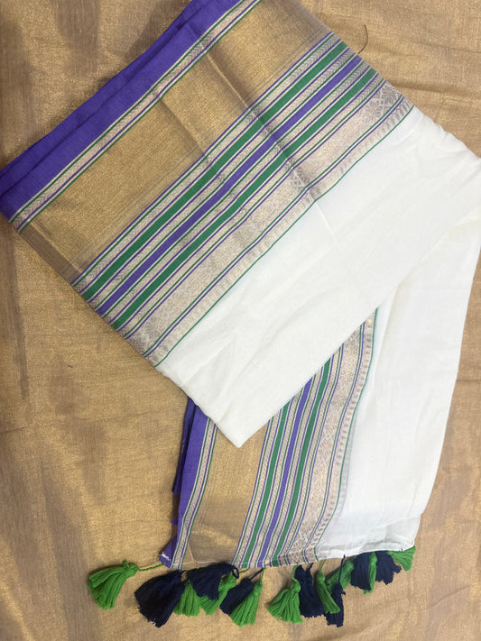 Mull cotton saree with Kanchi border(White saree with green purple stripes)