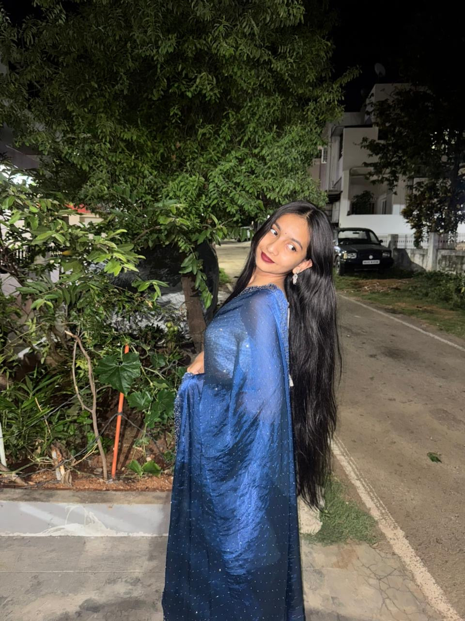 Bling Border Navy Blue Party Wear Stonework Saree