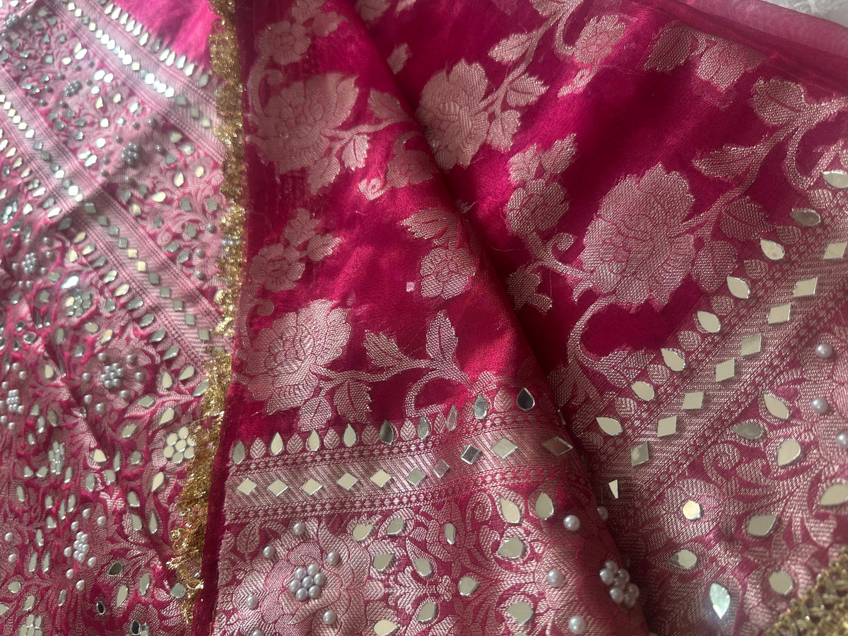 Tissue mirror handwork saree with sabyasachi lace