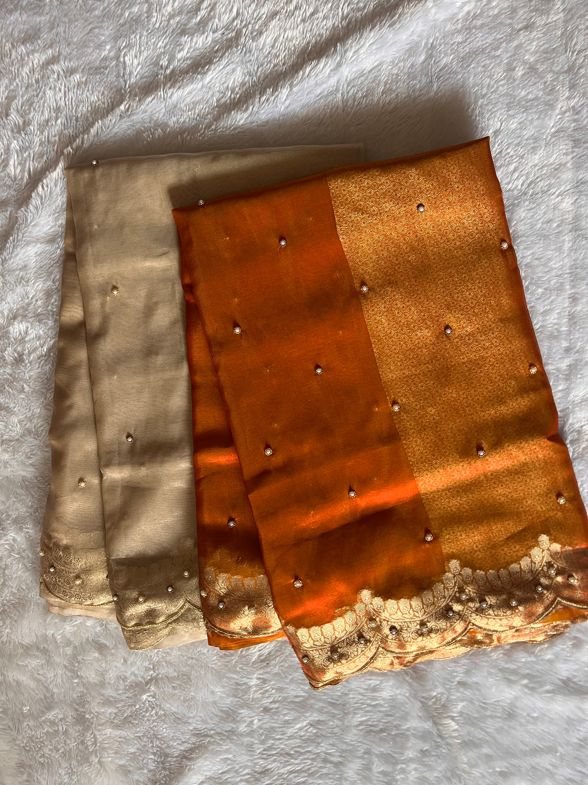 Tissue scalloped bead hand work saree