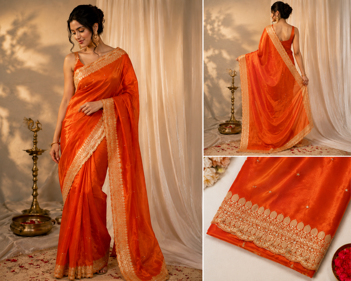Tissue scallop border beadwork saree