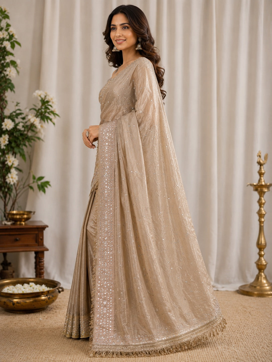 Tissue mirror hand work saree with sabyasachi border