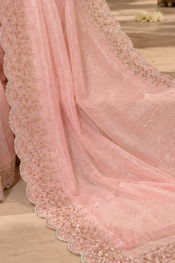 Bling Border saree with stone work (baby pink)