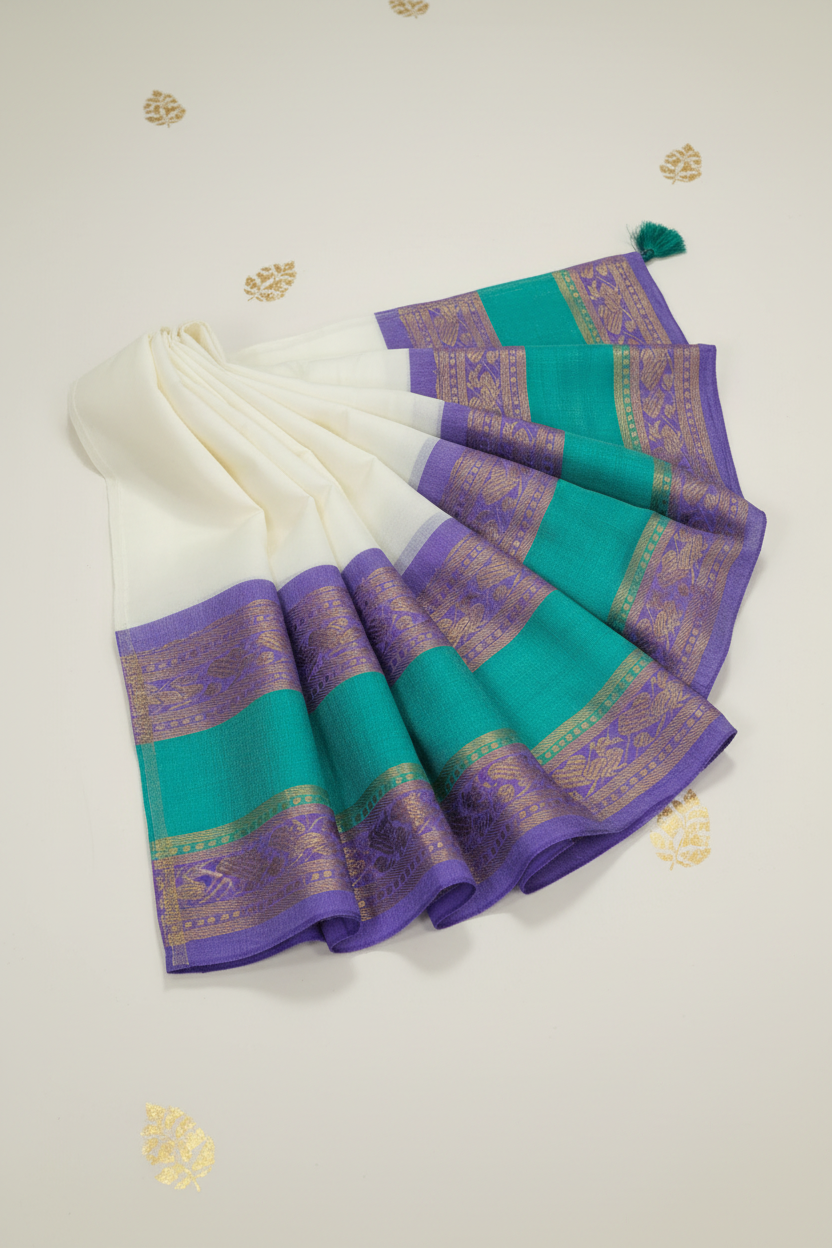 Mull cotton saree with (white, purple and rama green)