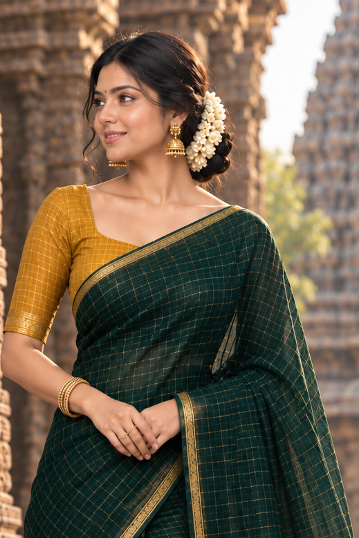 Premium maheshwari checks cotton silk saree ( bottle green and mustard yellow)