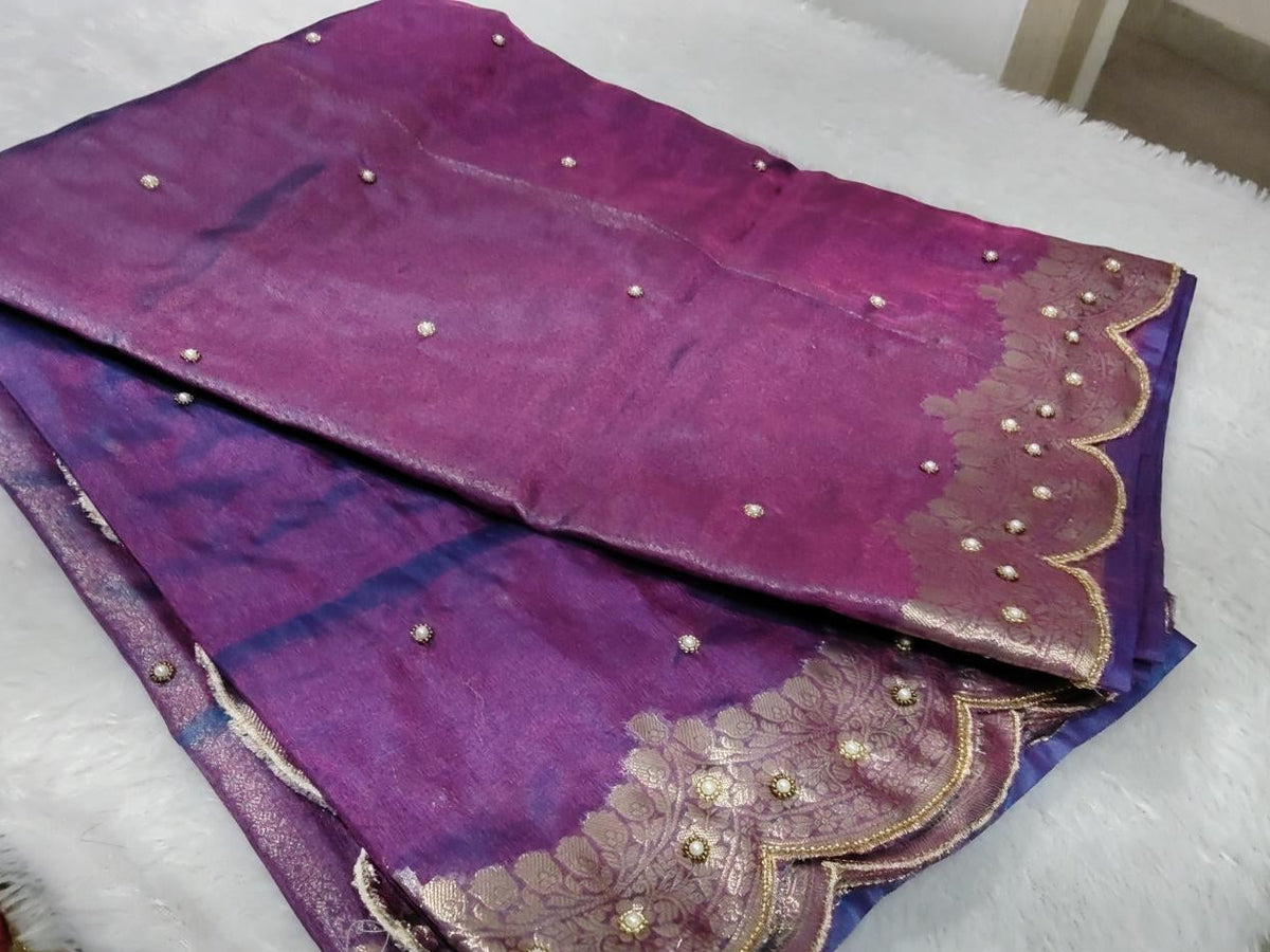 Tissue scalo hand embroidery saree ( purple)