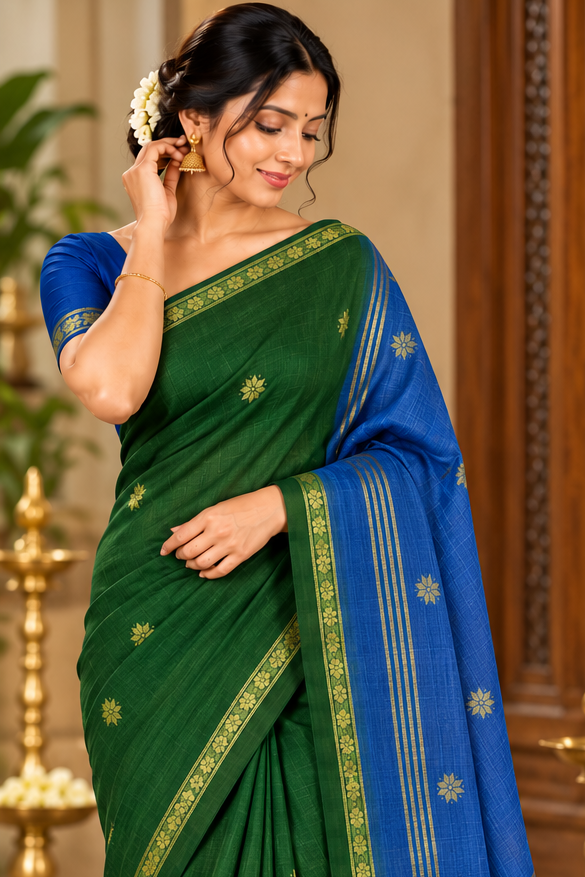 Premium cotton saree (bottle green and blue)