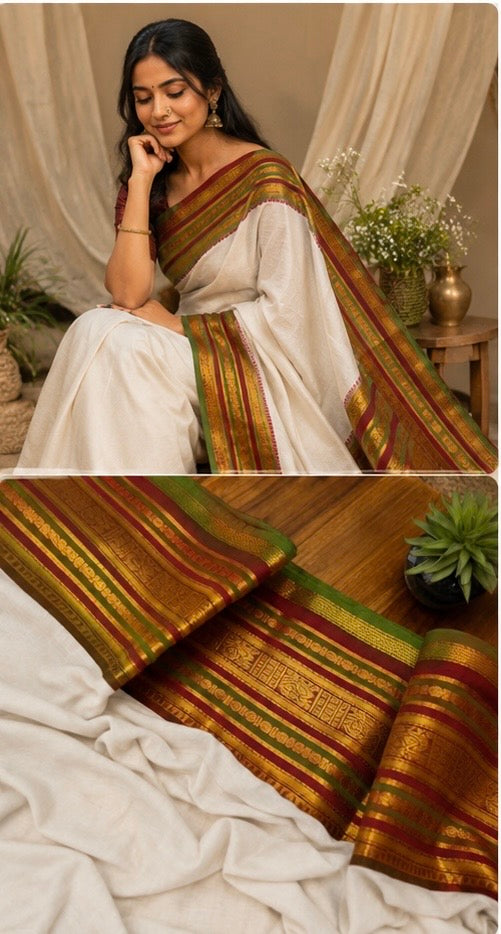 Mull cotton saree with pure kanchi border