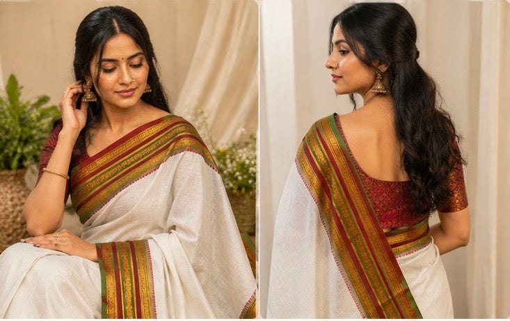 Mull cotton saree with pure kanchi border