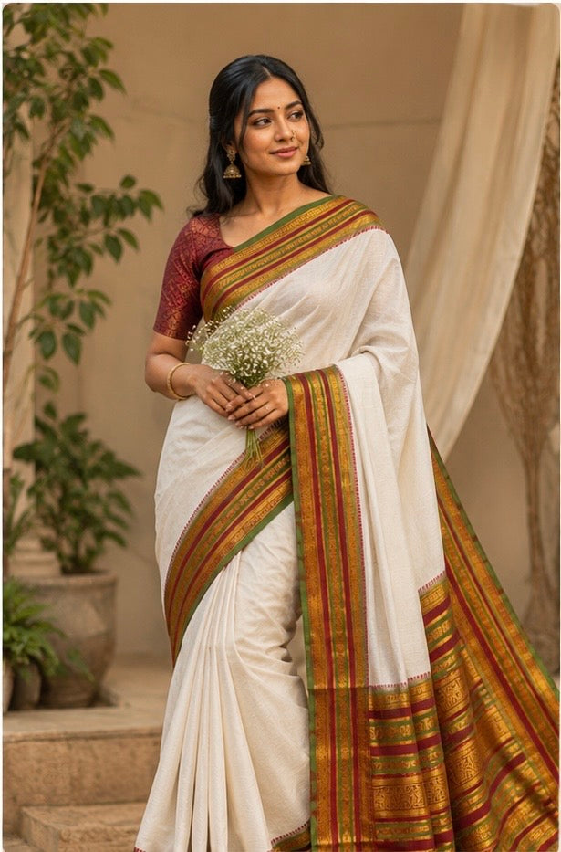 Mull cotton saree with pure kanchi border