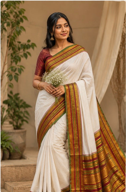 Mull cotton saree with pure kanchi border