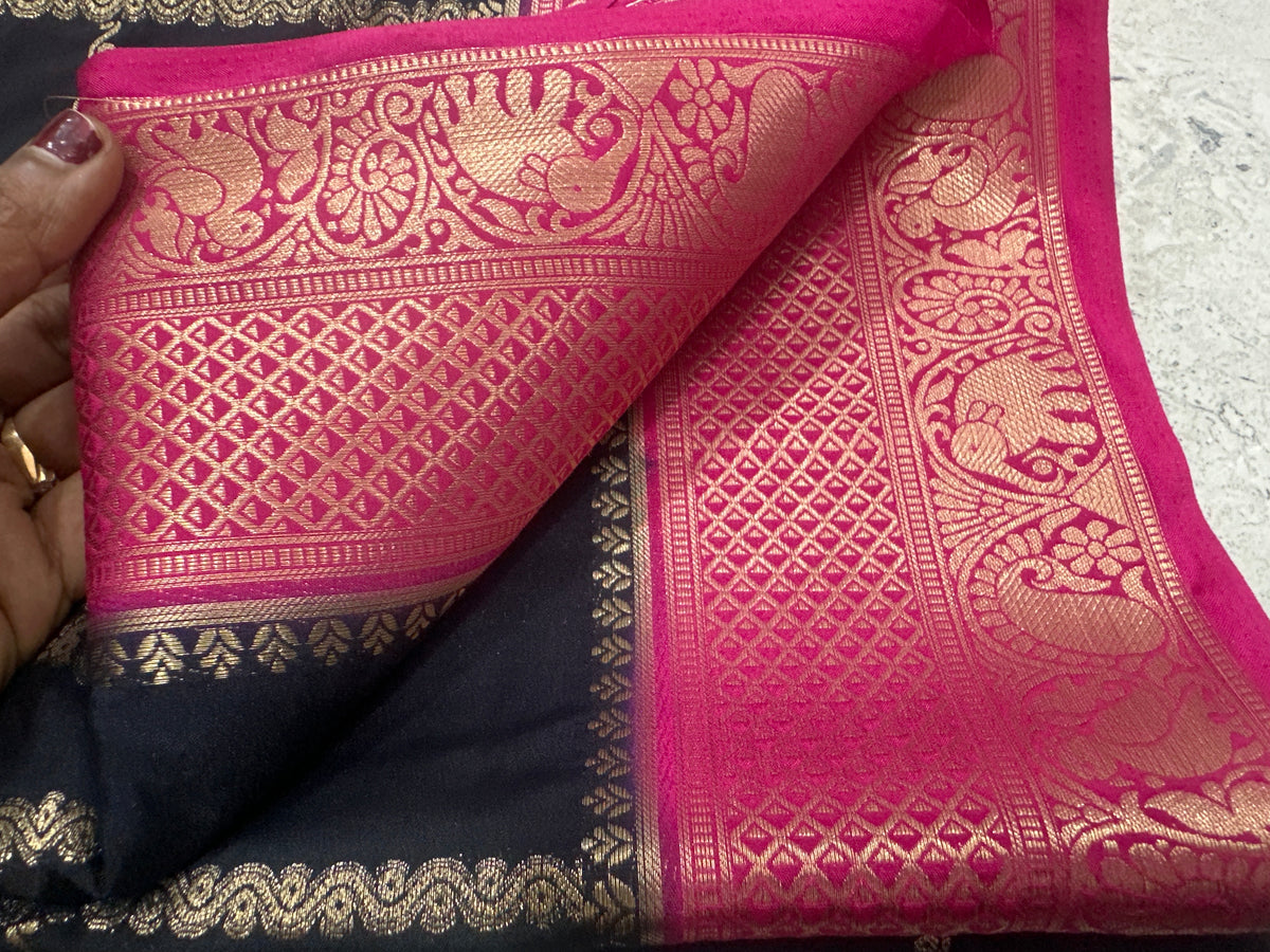 Premium Mysore crepe silk saree with Gandabherunda motifs