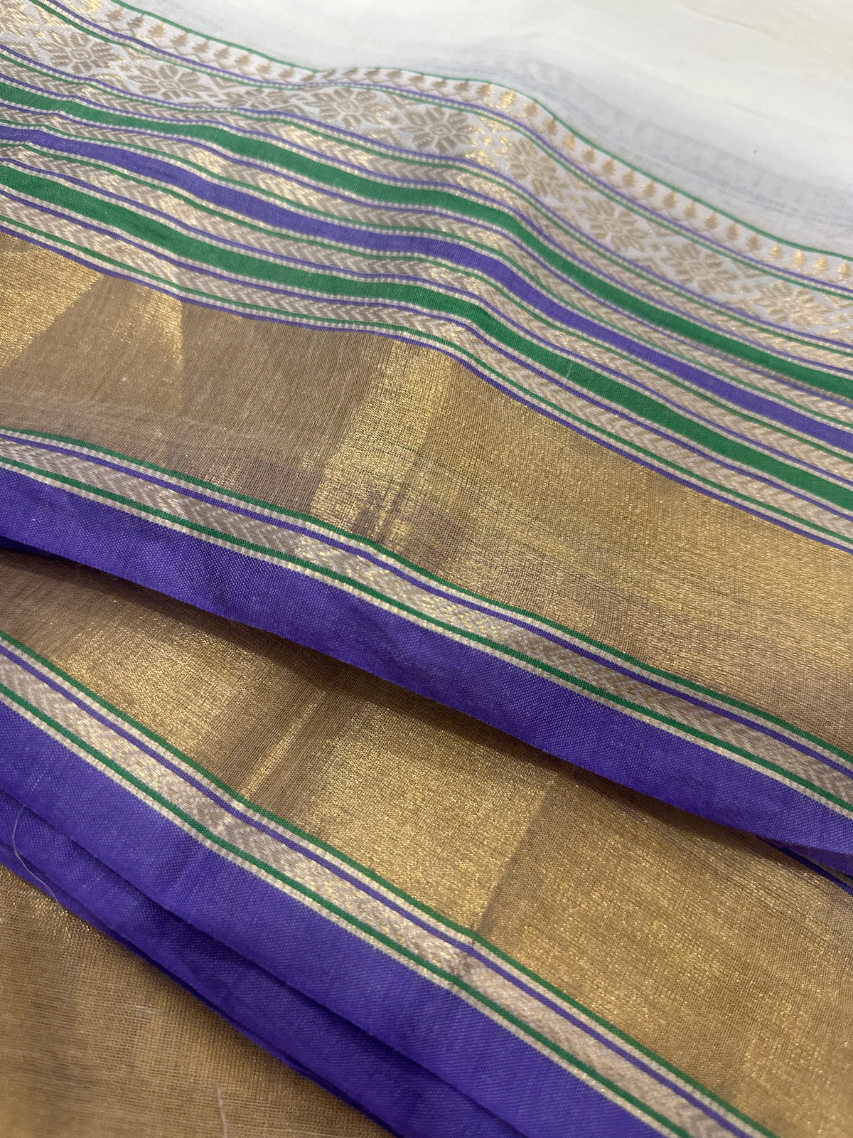 Mull cotton saree with Kanchi border(White saree with green purple stripes)