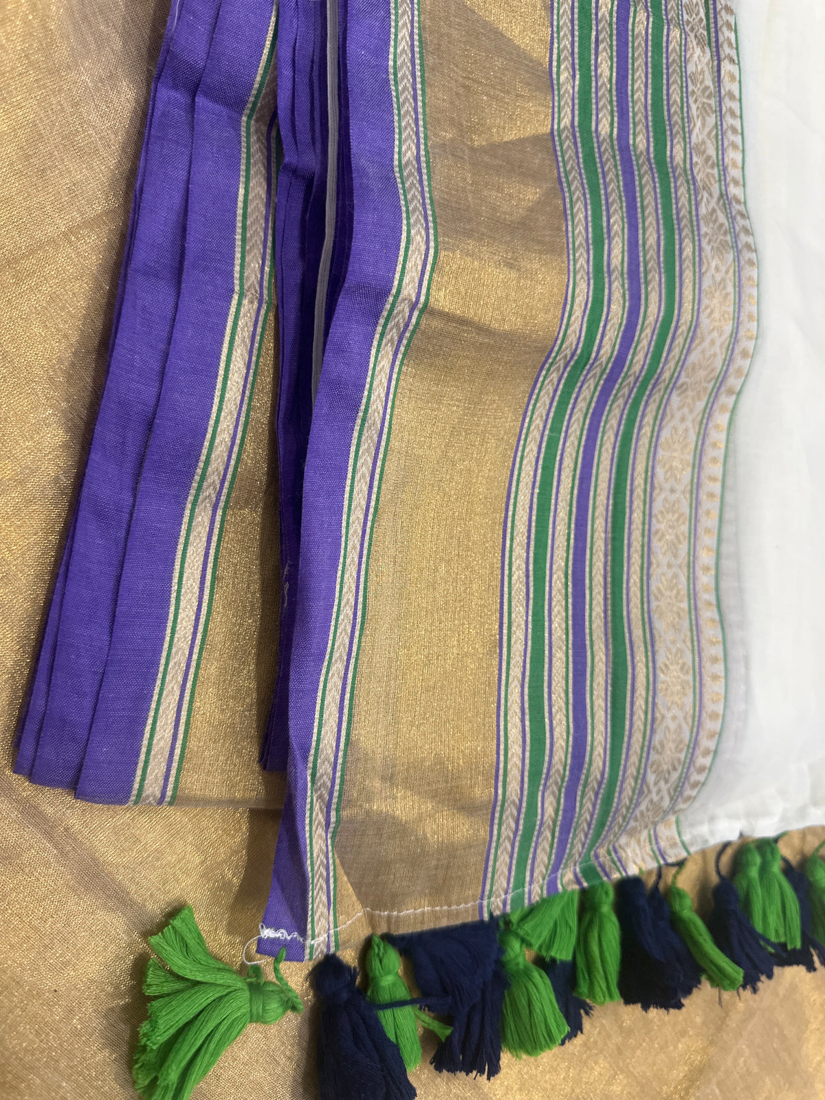 Mull cotton saree with Kanchi border(White saree with green purple stripes)