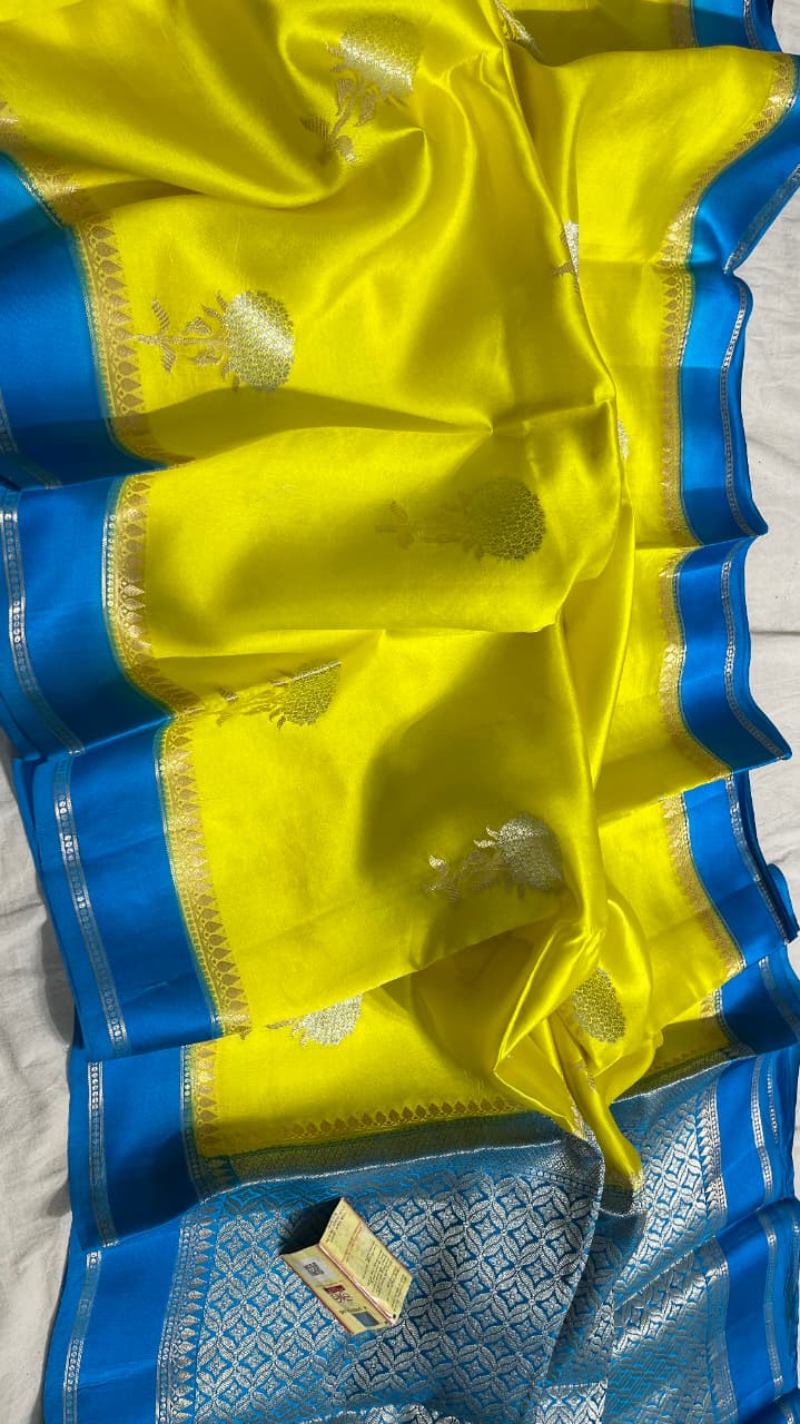 Yellow And Blue Contrast Colour Pure Banarasi Mango Silk Saree