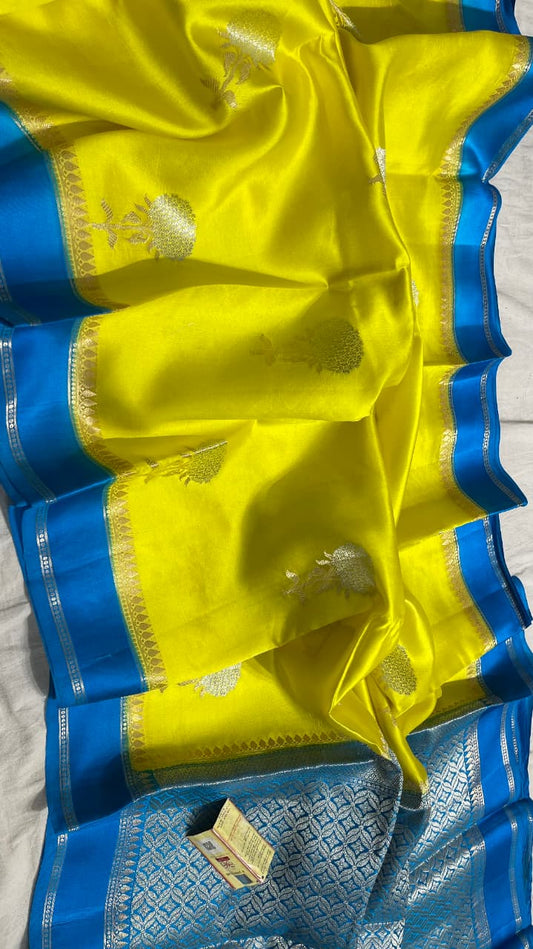 Yellow And Blue Contrast Colour Pure Banarasi Mango Silk Saree