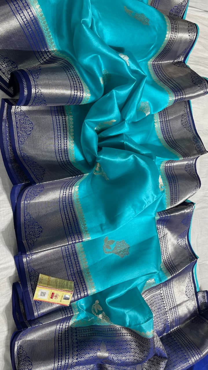 Contrast Blue Colour Pure Banarasi Mango Silk Saree