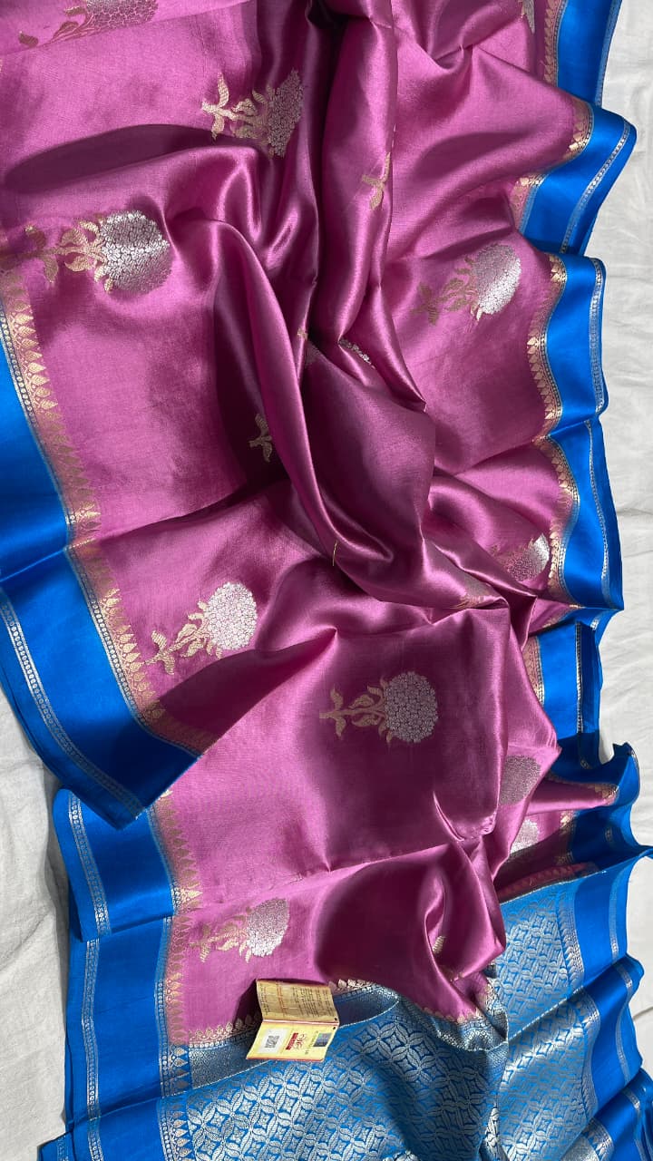 Lilac Pink And Blue Colour Pure Banarasi Mango Silk Saree