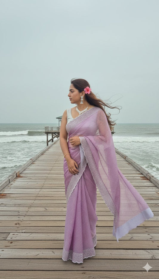 Bling Border Party Onion Pink Colour Wear Stonework Saree Elevate Your Celebration Look