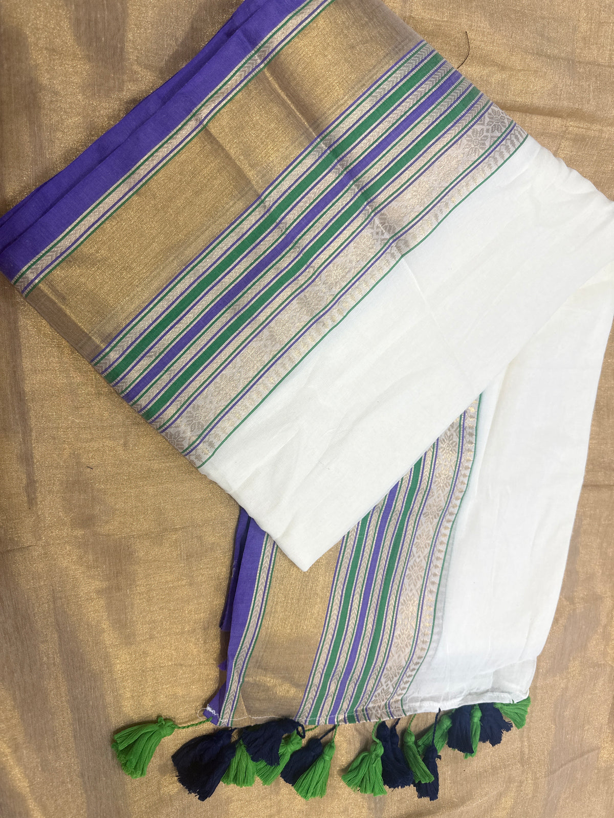 Mull cotton saree with Kanchi border(White saree with green purple stripes)