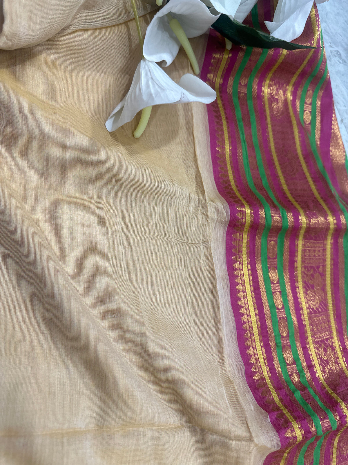 Mull cotton saree with pure kanchi border