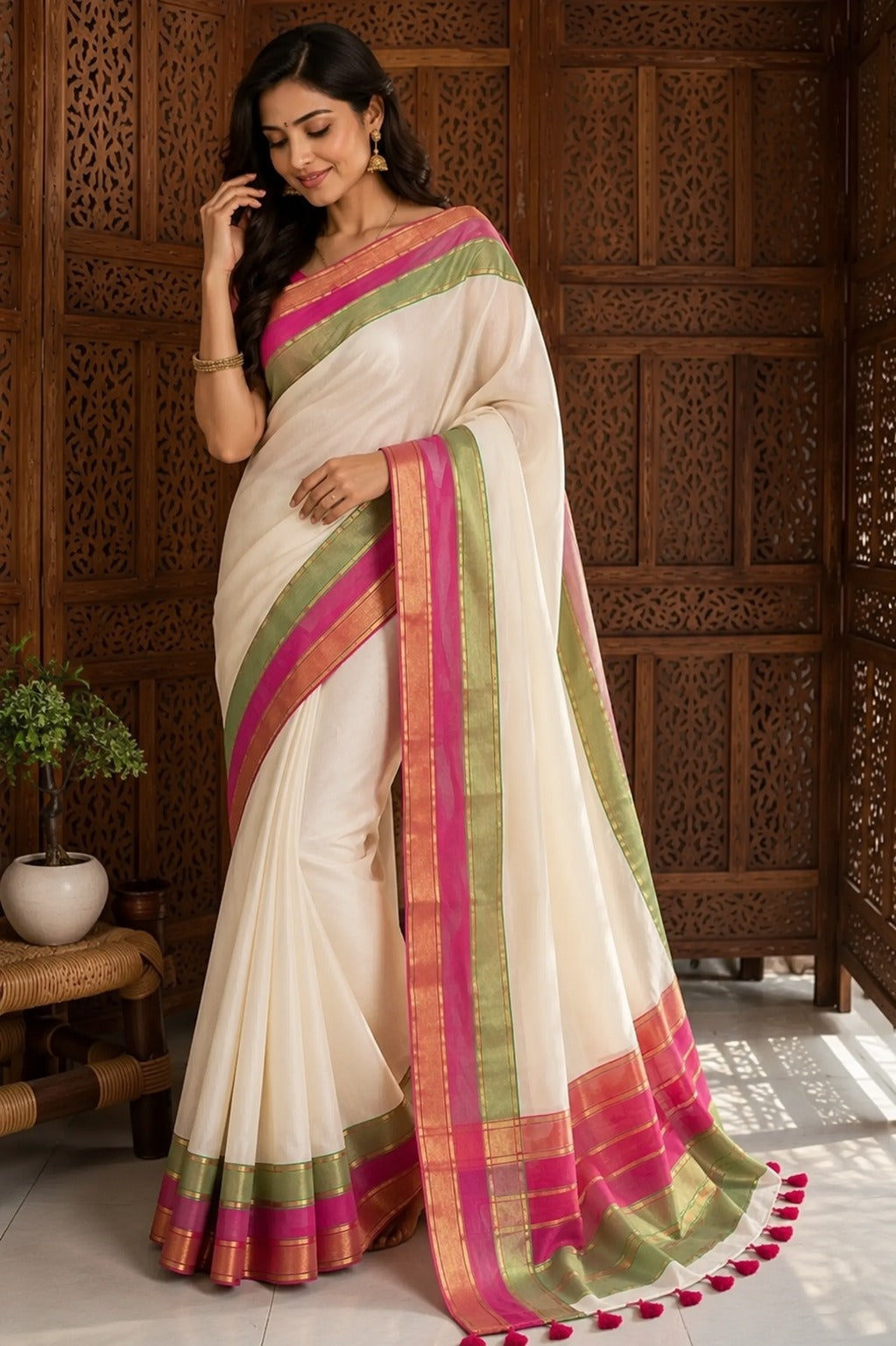 Mull cotton saree with kanchi border  white