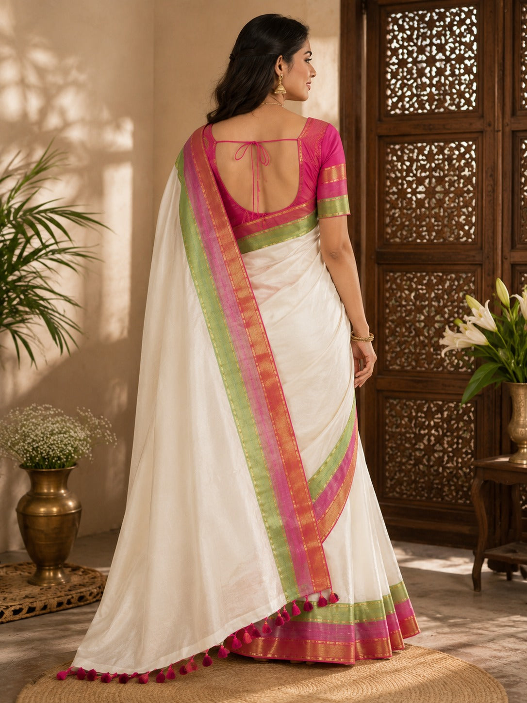 Mull cotton saree with kanchi border  white
