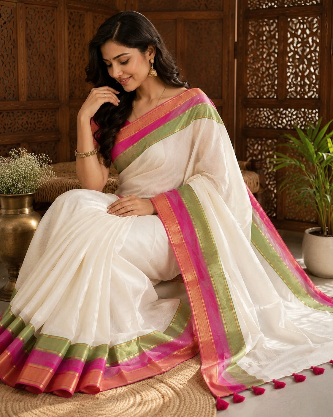 Mull cotton saree with kanchi border  white