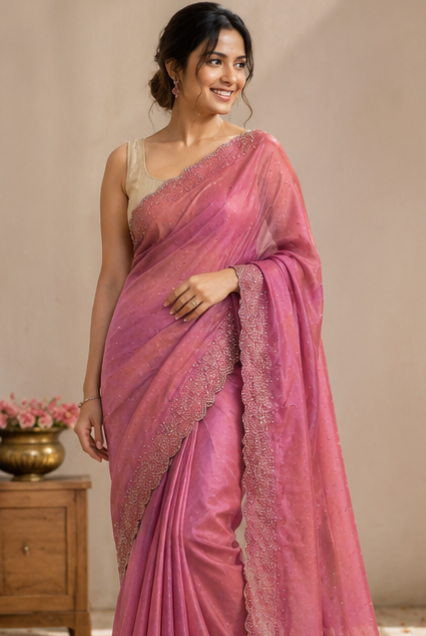 Bling Border Pink Colour Party Wear Stonework Saree Elevate Your Celebration Look