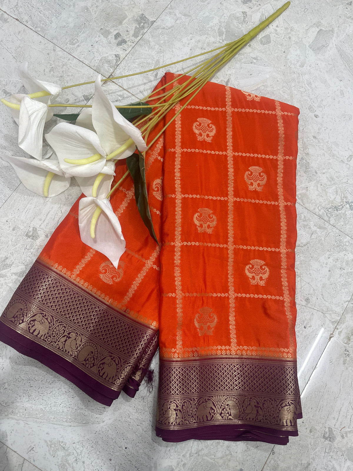 Premium Mysore crepe saree with Ghandaberunda motifs