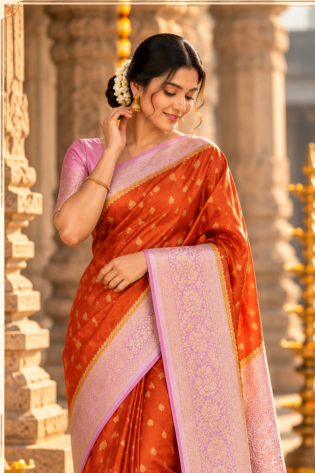 Banarsi pure satin silk saree (orange)