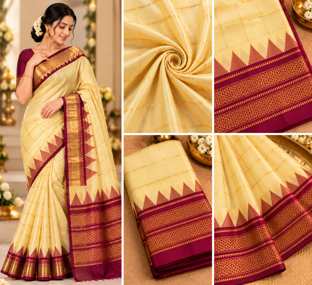 Handloom silk ilikal saree ( Musk Melon yellow)