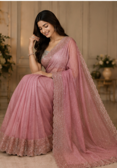 Bling Border Pink Colour Party Wear Sarees