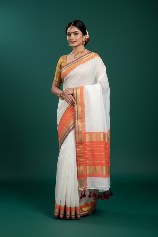 Mull cotton saree with Kanchi border(white base orange maroon border)