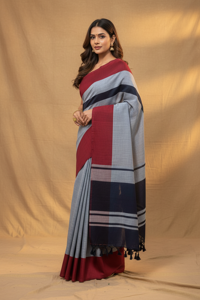 Khadi saree black and maroon
