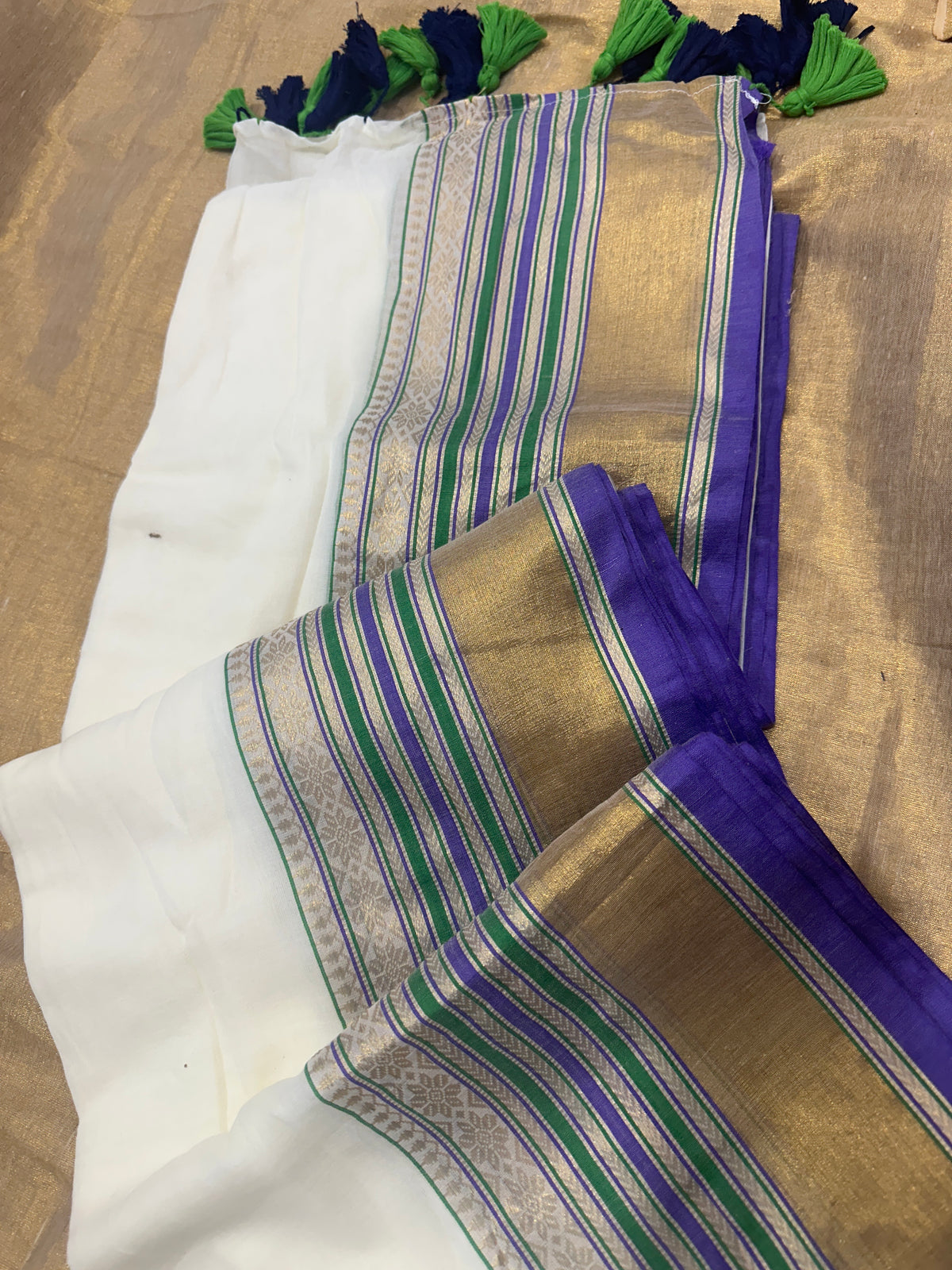 Mull cotton saree with Kanchi border(White saree with green purple stripes)
