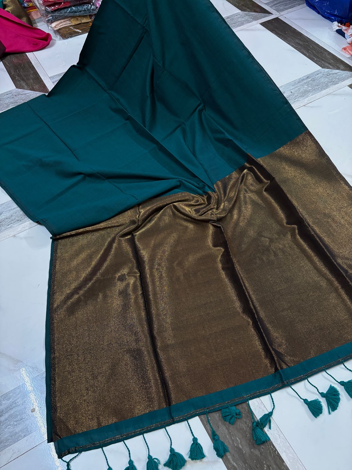 Petrolium Blue Cotton By Silk Pallu Sarees/Giccha