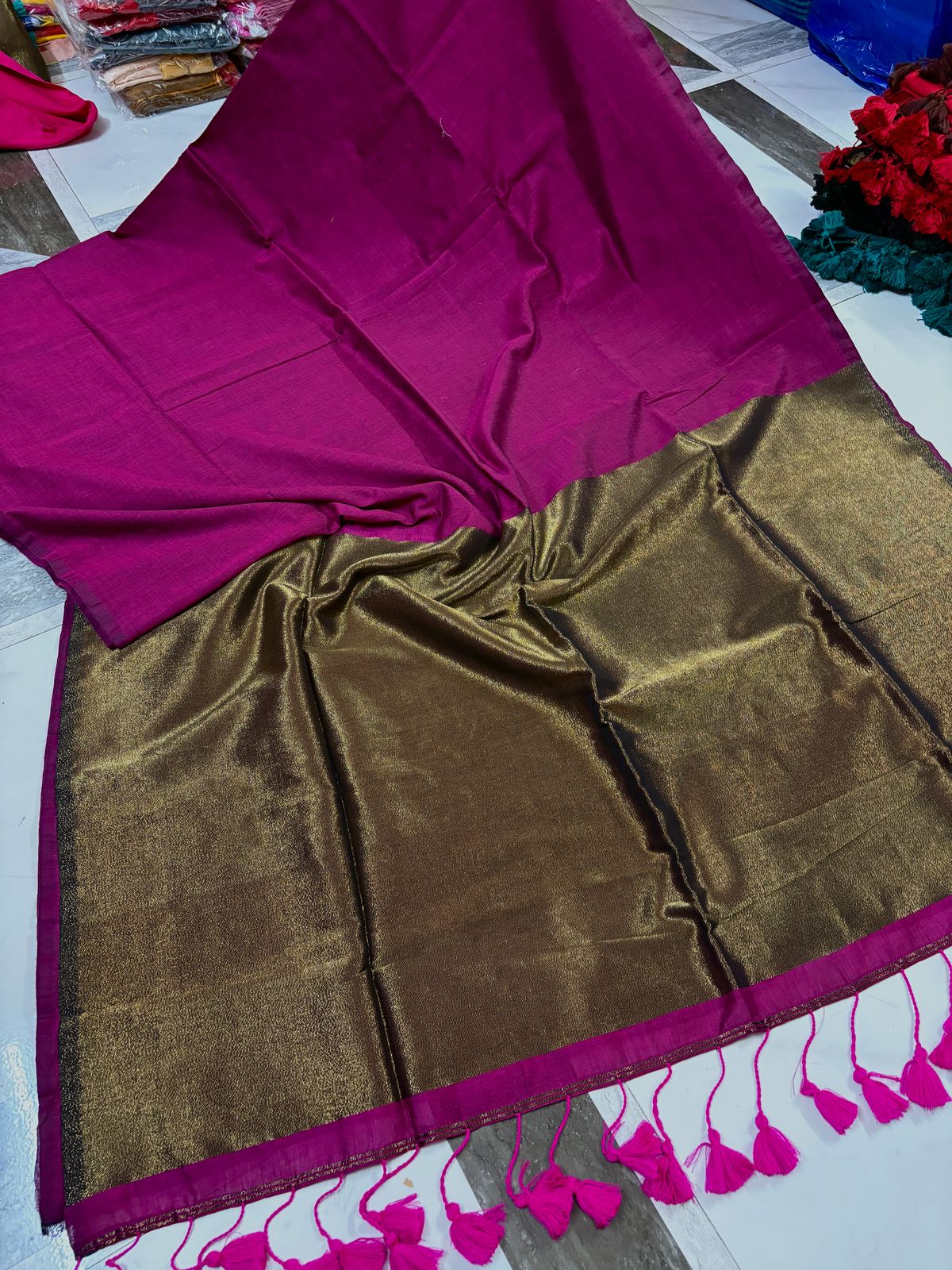 Mejenta Pink Cotton By Silk Pallu Sarees/Giccha