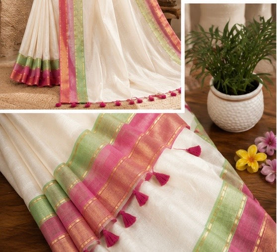 Mull cotton saree with kanchi border  white