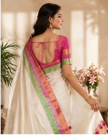Mull cotton saree with kanchi border  white