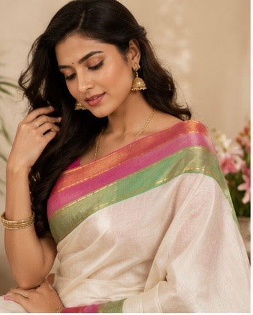 Mull cotton saree with kanchi border  white