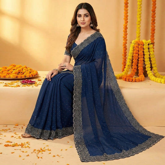 Bling Border Navy Blue Party Wear Stonework Saree