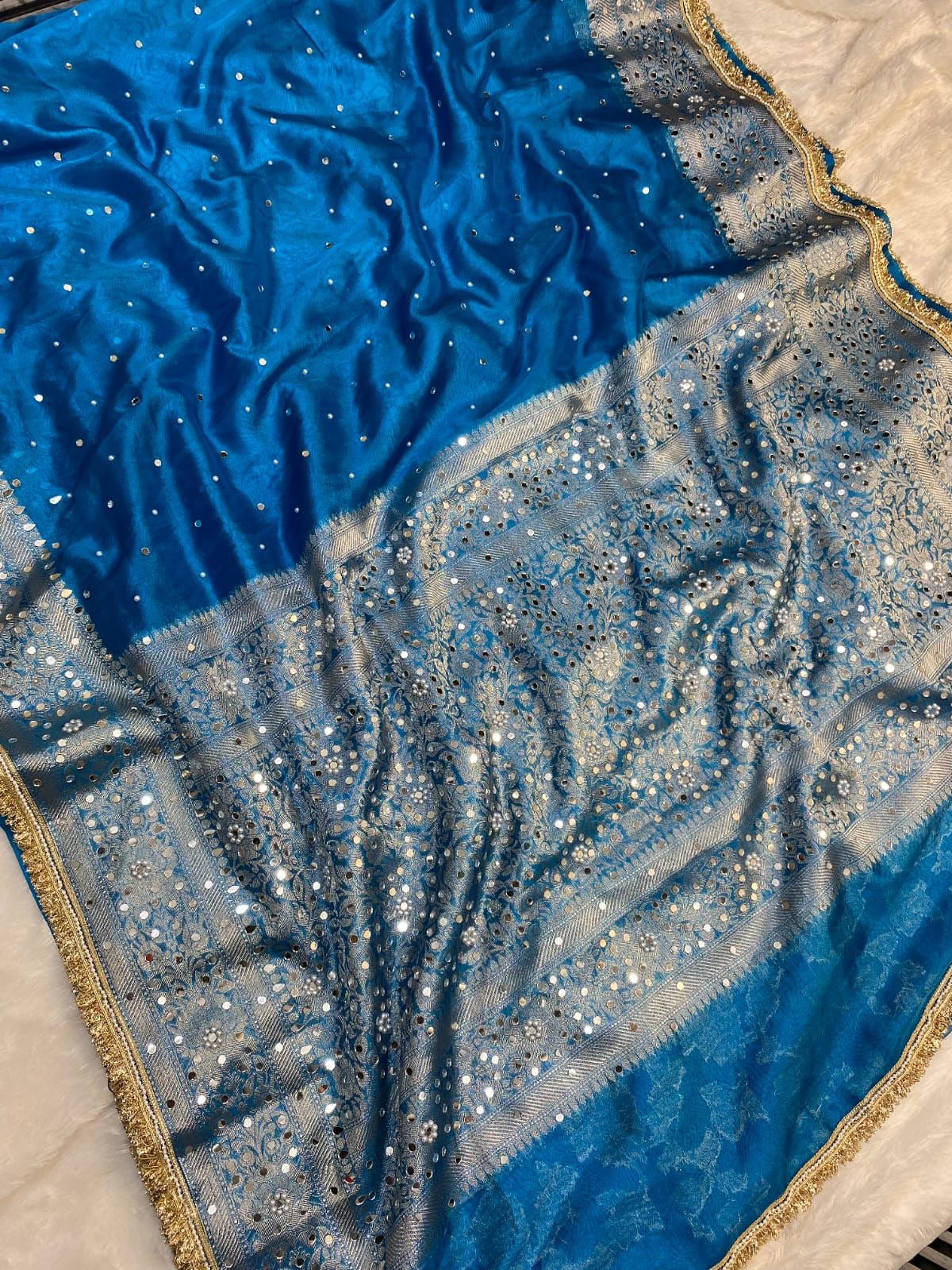 Tissue mirror hand work saree with lace