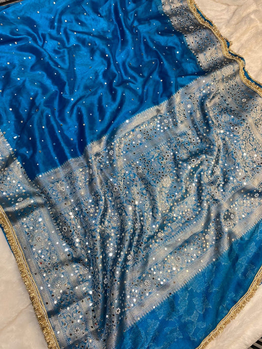 Tissue mirror hand work saree with lace