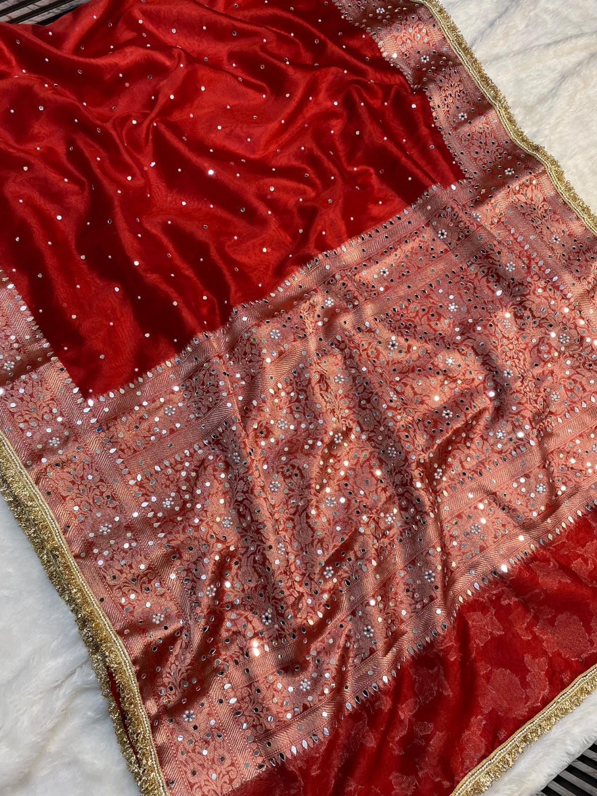 Tissue mirror hand work saree with lace