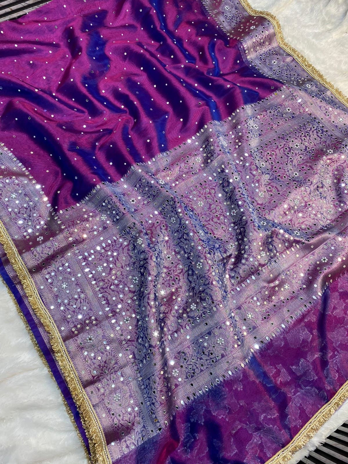 Tissue mirror hand work saree with lace