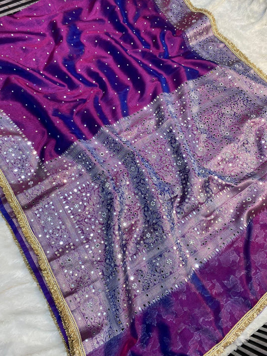Tissue mirror hand work saree with lace