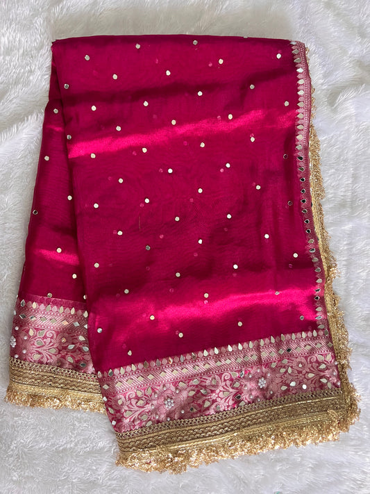 Tissue mirror handwork saree with sabyasachi lace